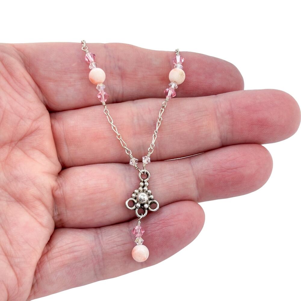 Vintage Sterling Silver 925 Pink Shell & Pink Crystal Necklace 20.5"